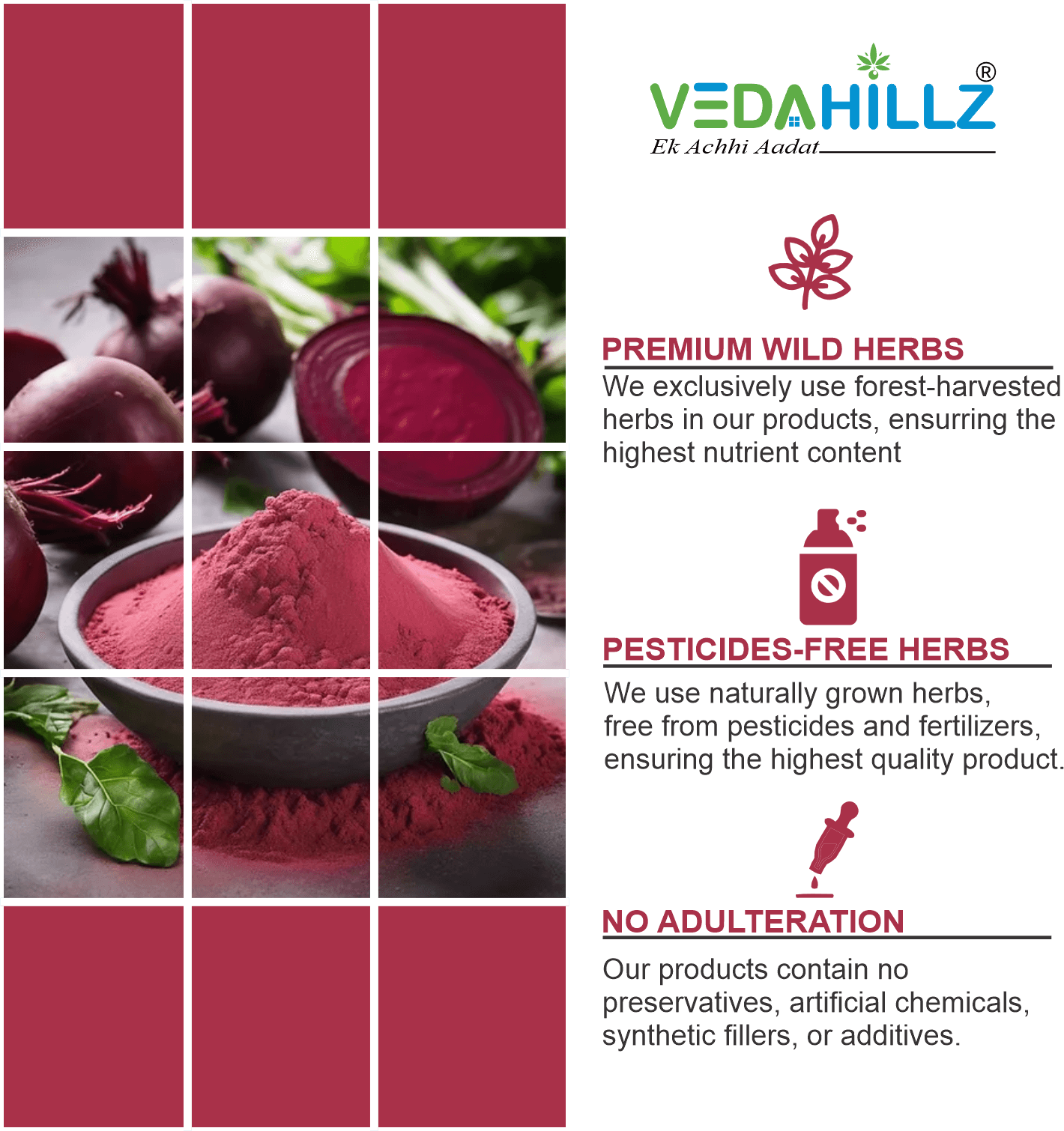 Vedahillz Herbal Beetroot Powder Made from Carefully Selected Beetroot